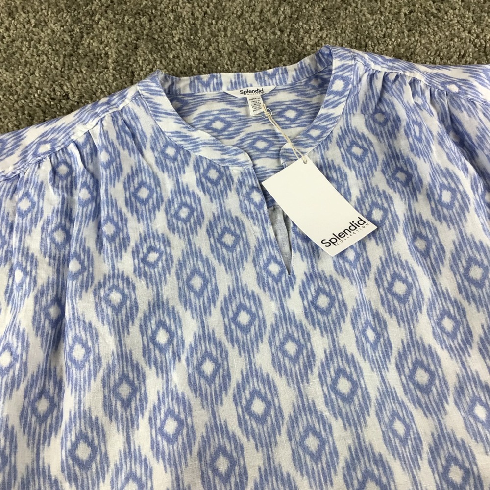 Splendid‎ Women St. Tropez Blue White Ikat Print Linen Blouse Top Size M NWT